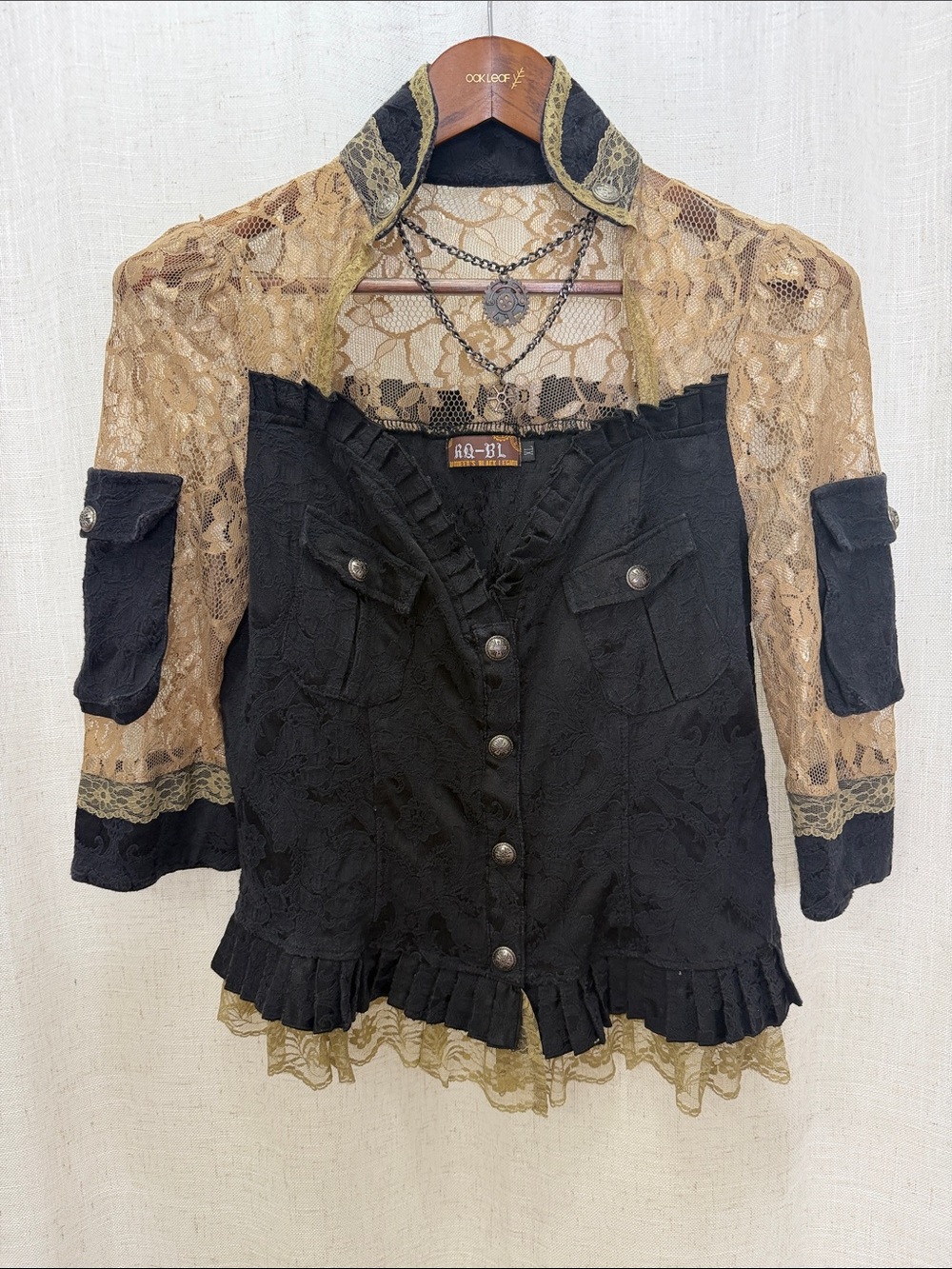 Red Queen’s Black Legion Lace-Overlay Women's Top with Tan Lace Size Large